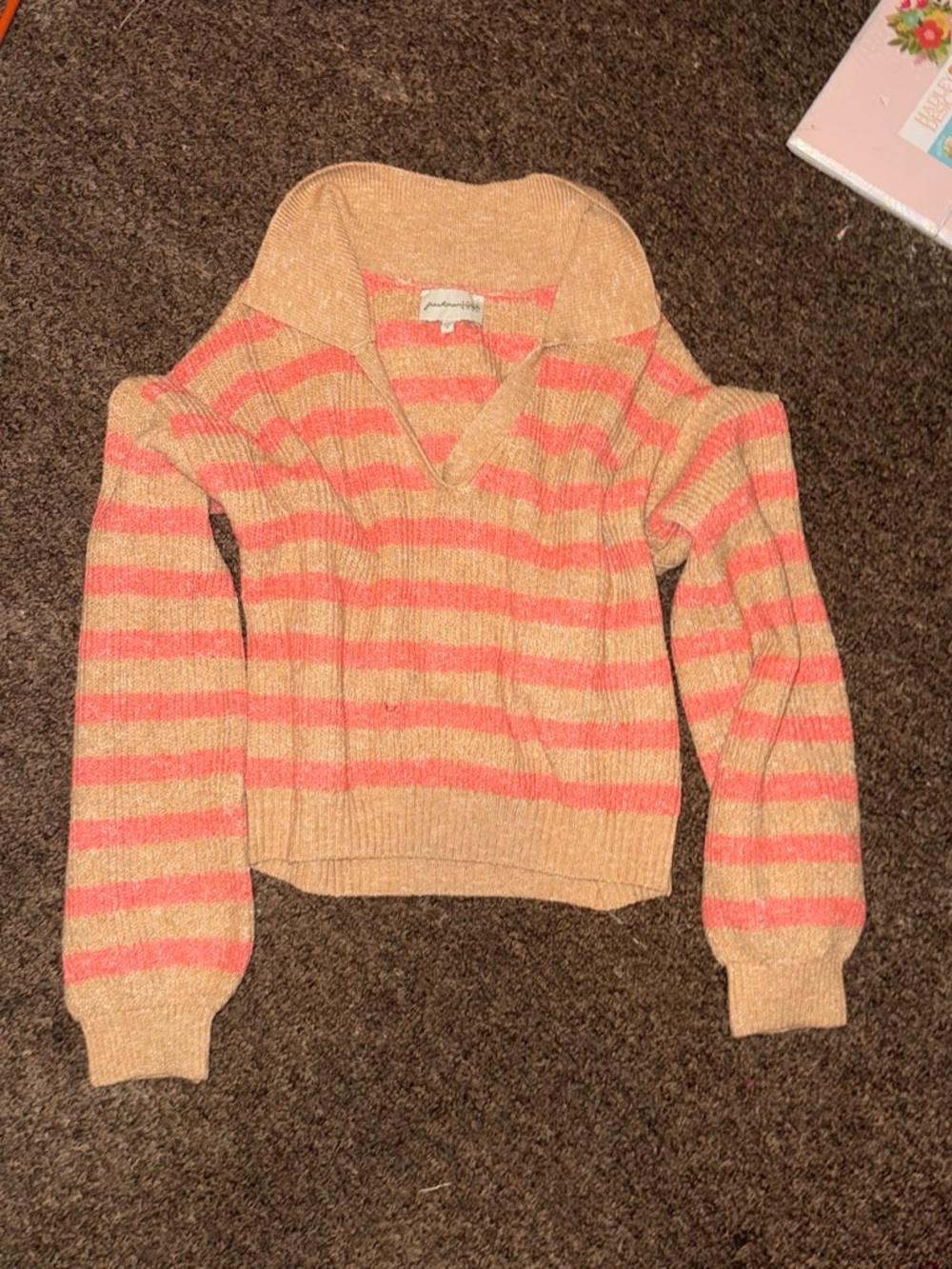 Striped Cold-Shoulder V-Neck Sweater in Peach and Coral